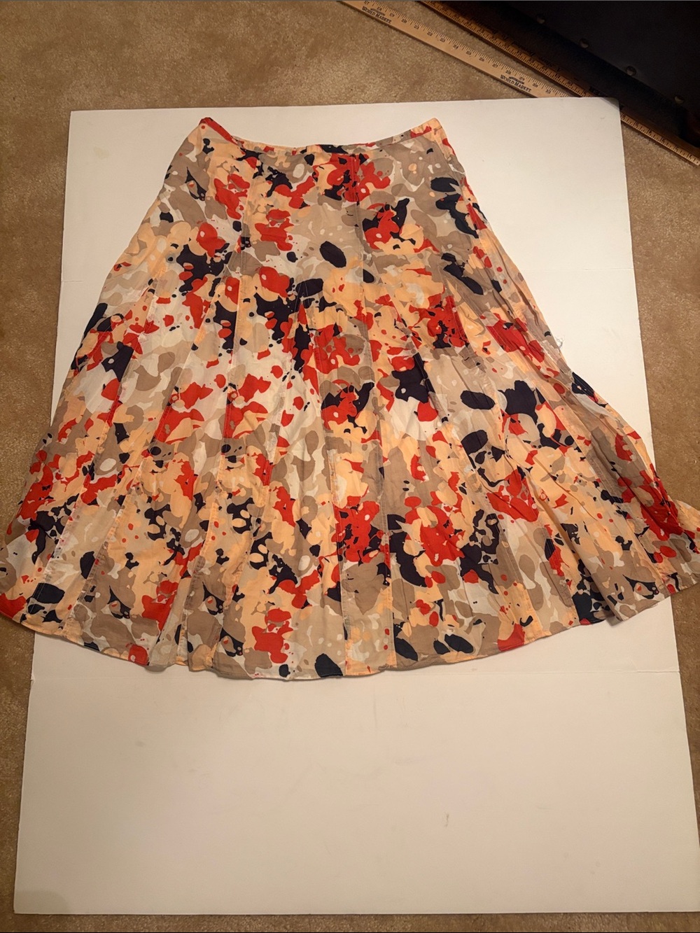 Ruby Rd. Beige Pleated Skirt with Red & Navy Abstract Print